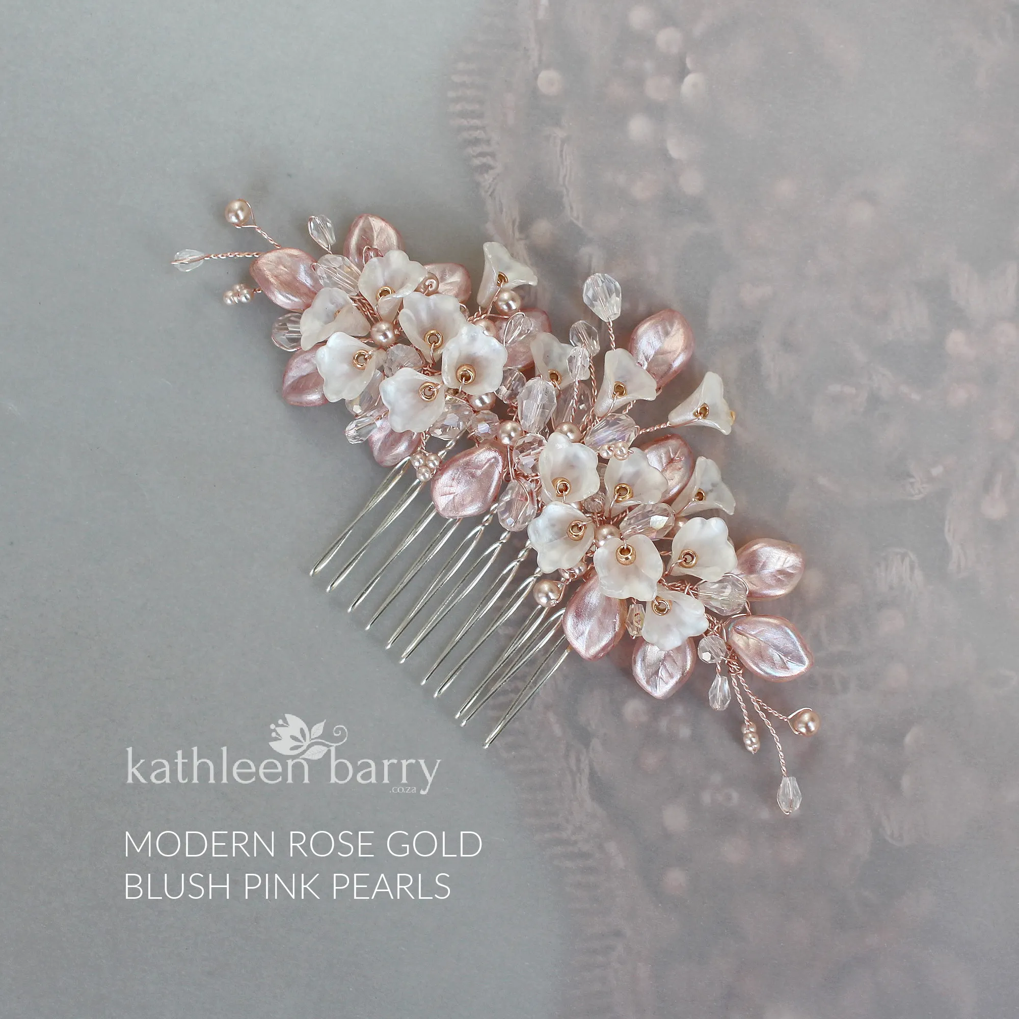 Nadine Floral leaf hair comb crystal & pearl - Rose gold, gold or silver - 7 pearl colors