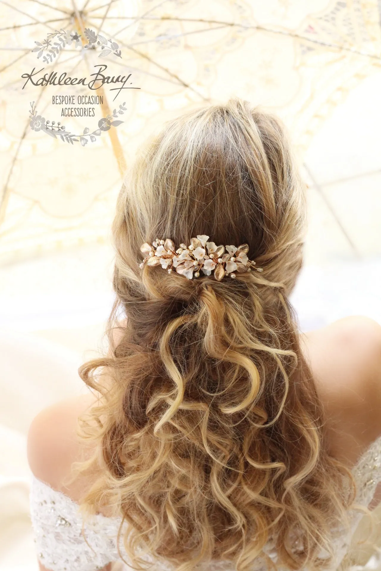 Nadine Floral leaf hair comb crystal & pearl - Rose gold, gold or silver - 7 pearl colors