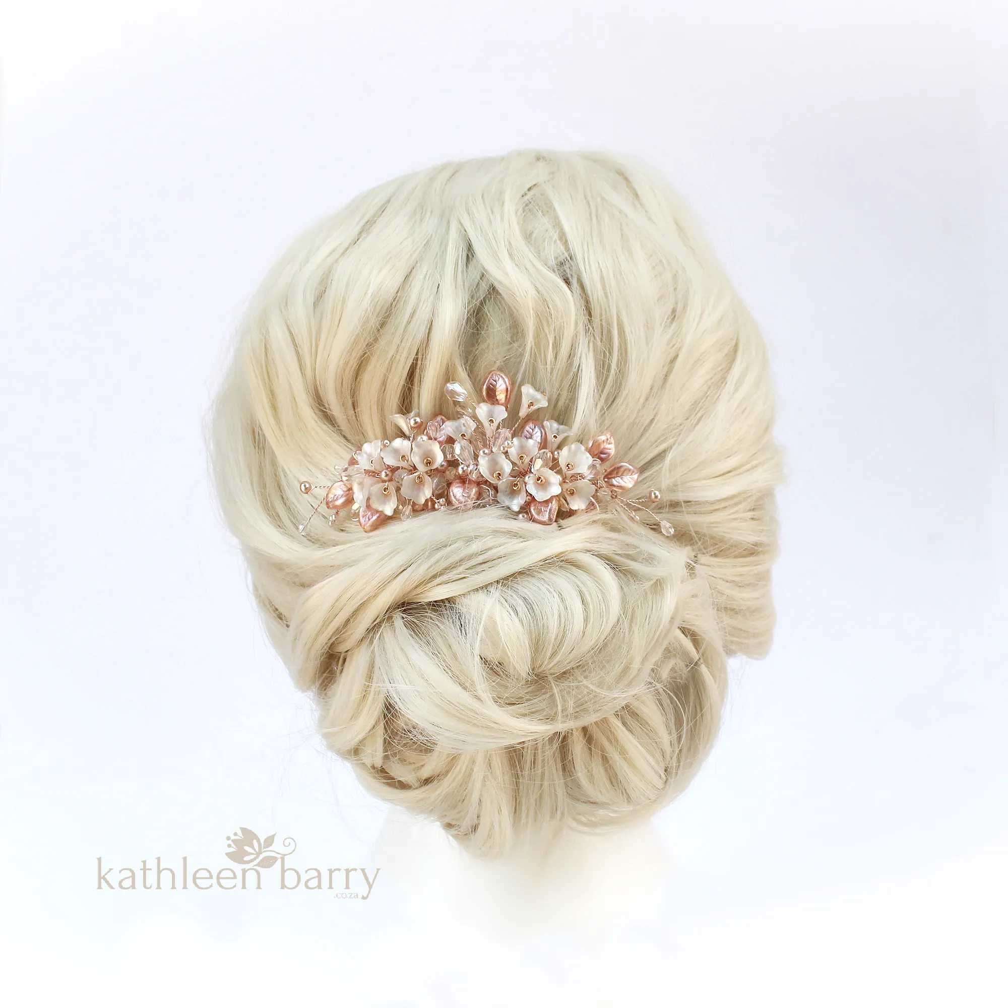 Nadine Floral leaf hair comb crystal & pearl - Rose gold, gold or silver - 7 pearl colors