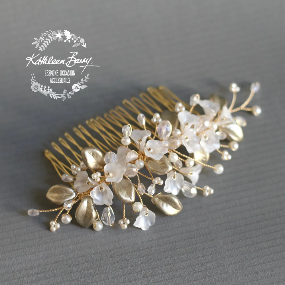 Nadine Floral leaf hair comb crystal & pearl - Rose gold, gold or silver - 7 pearl colors