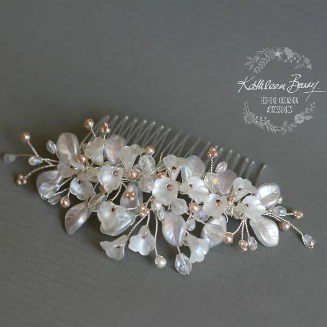 Nadine Floral leaf hair comb crystal & pearl - Rose gold, gold or silver - 7 pearl colors