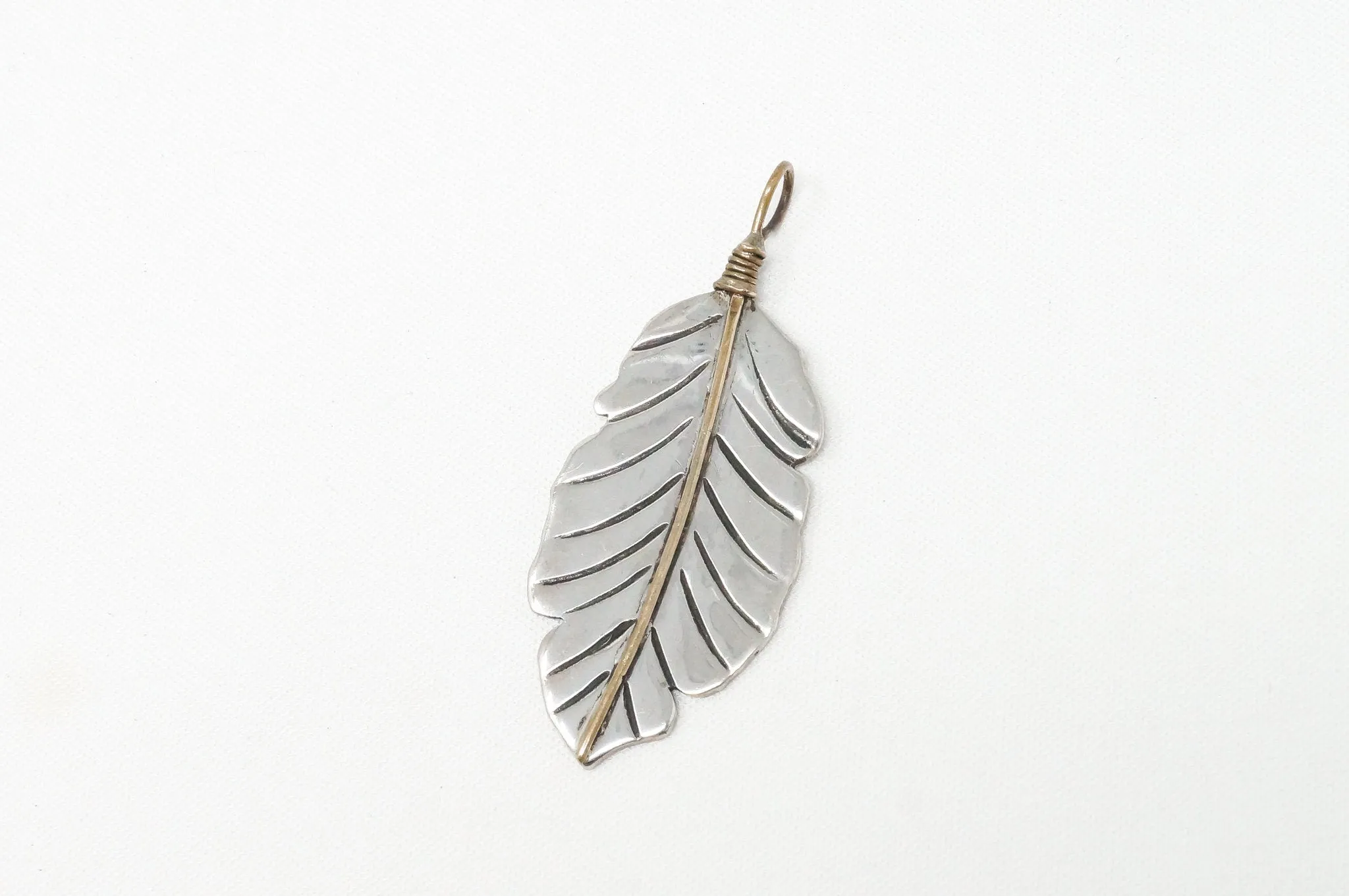 Native American Tobias Brass Feather Handmade Sterling Silver Necklace Pendant