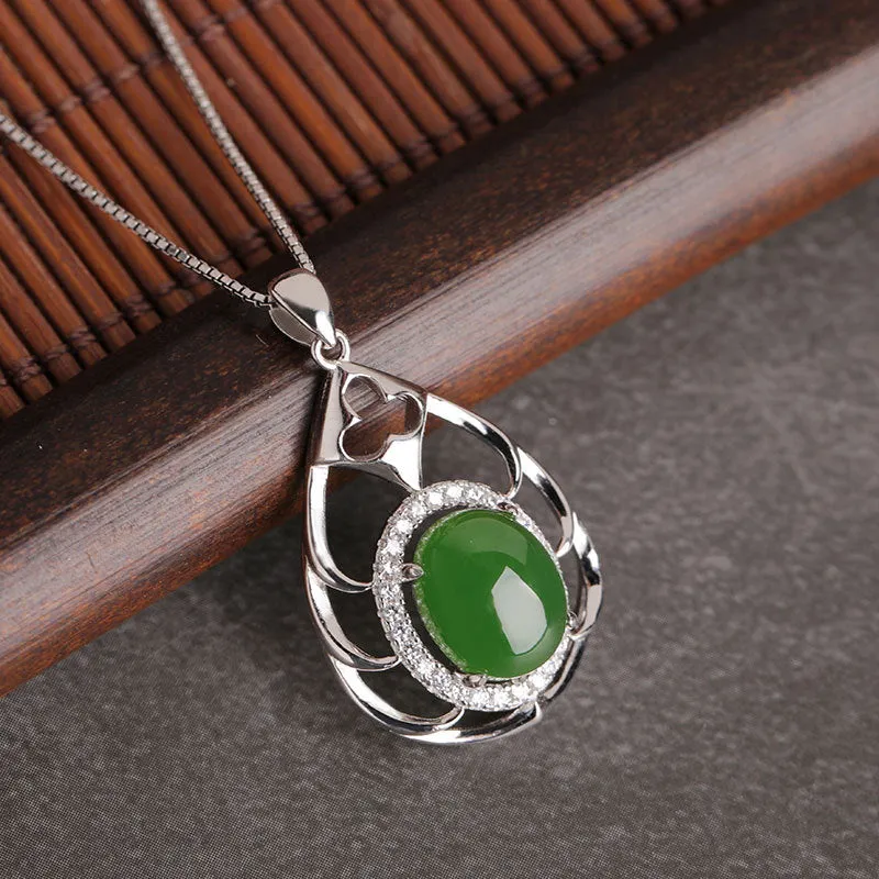 Natural Jade Pendant Nephrite Silver Zircon Pendant ZPT215