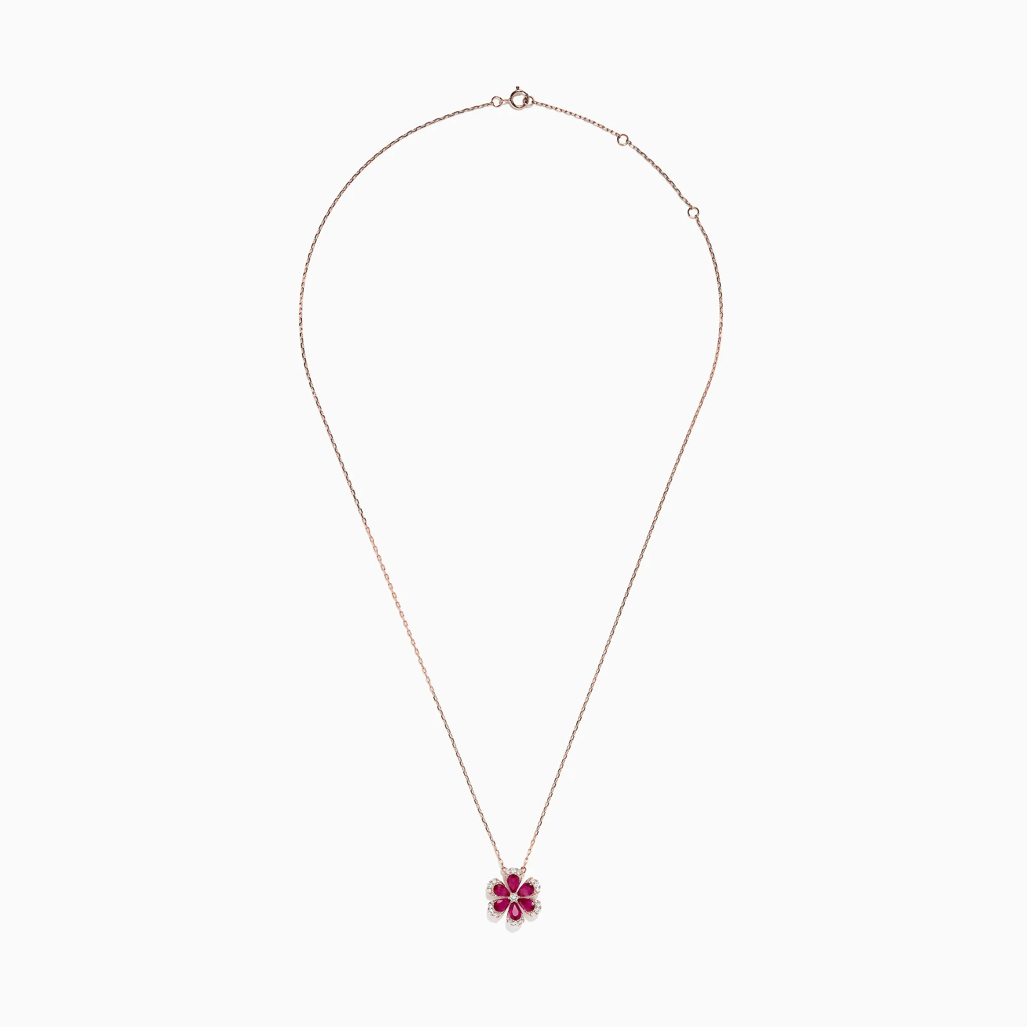 Nature 14K Rose Gold Ruby and Diamond Flower Necklace, 1.91 TCW