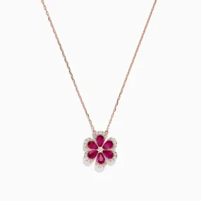 Nature 14K Rose Gold Ruby and Diamond Flower Necklace, 1.91 TCW