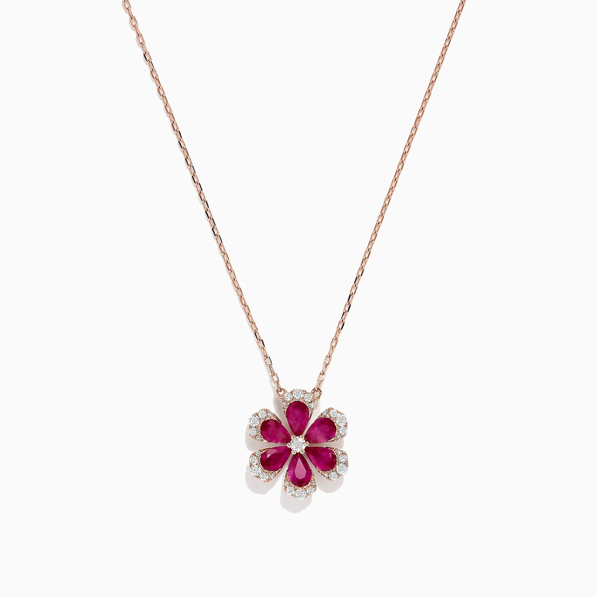 Nature 14K Rose Gold Ruby and Diamond Flower Necklace, 1.91 TCW