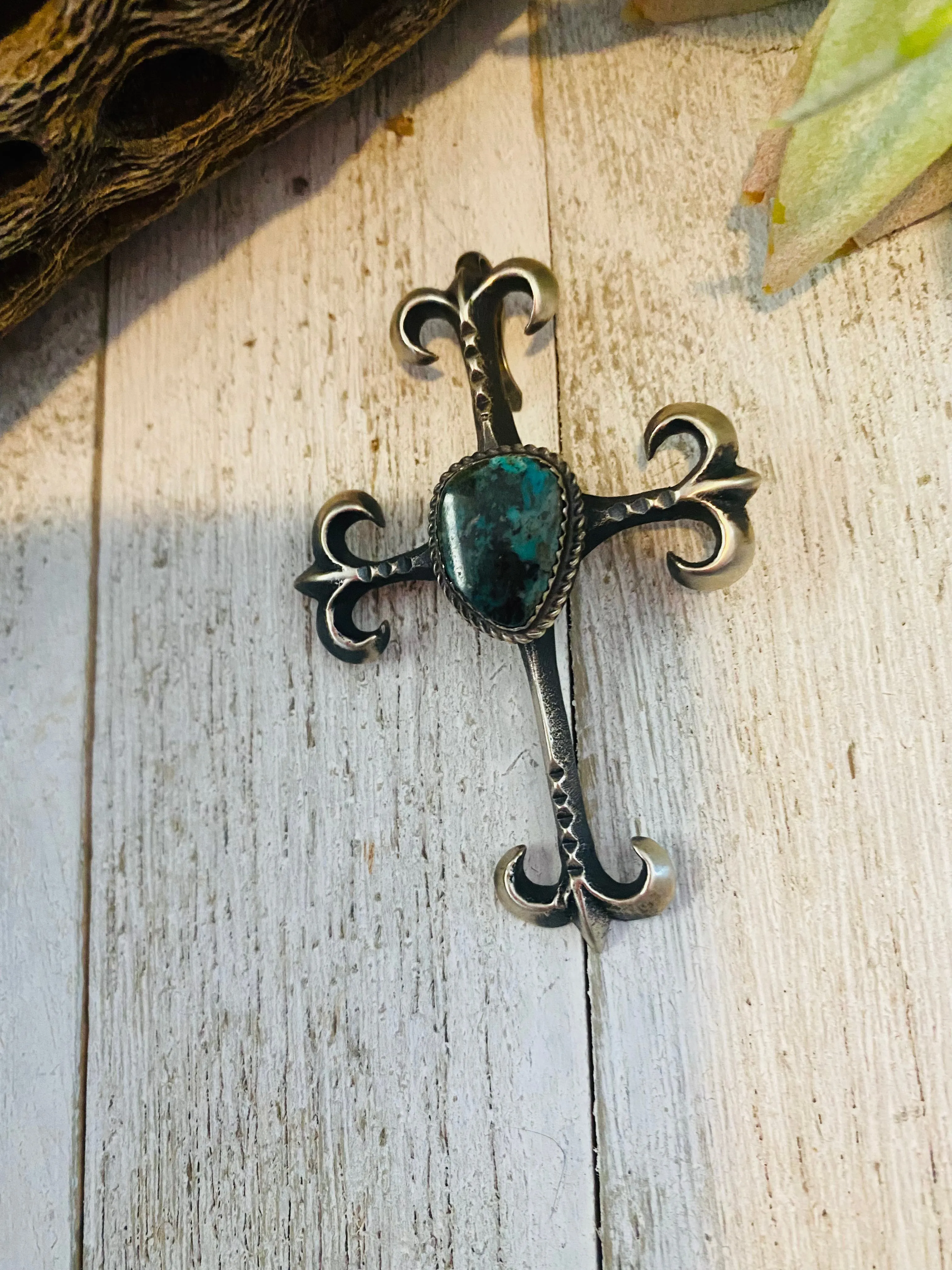 Navajo Sterling Silver & Royston Turquoise Cross Pendant By Martha Cayatineto