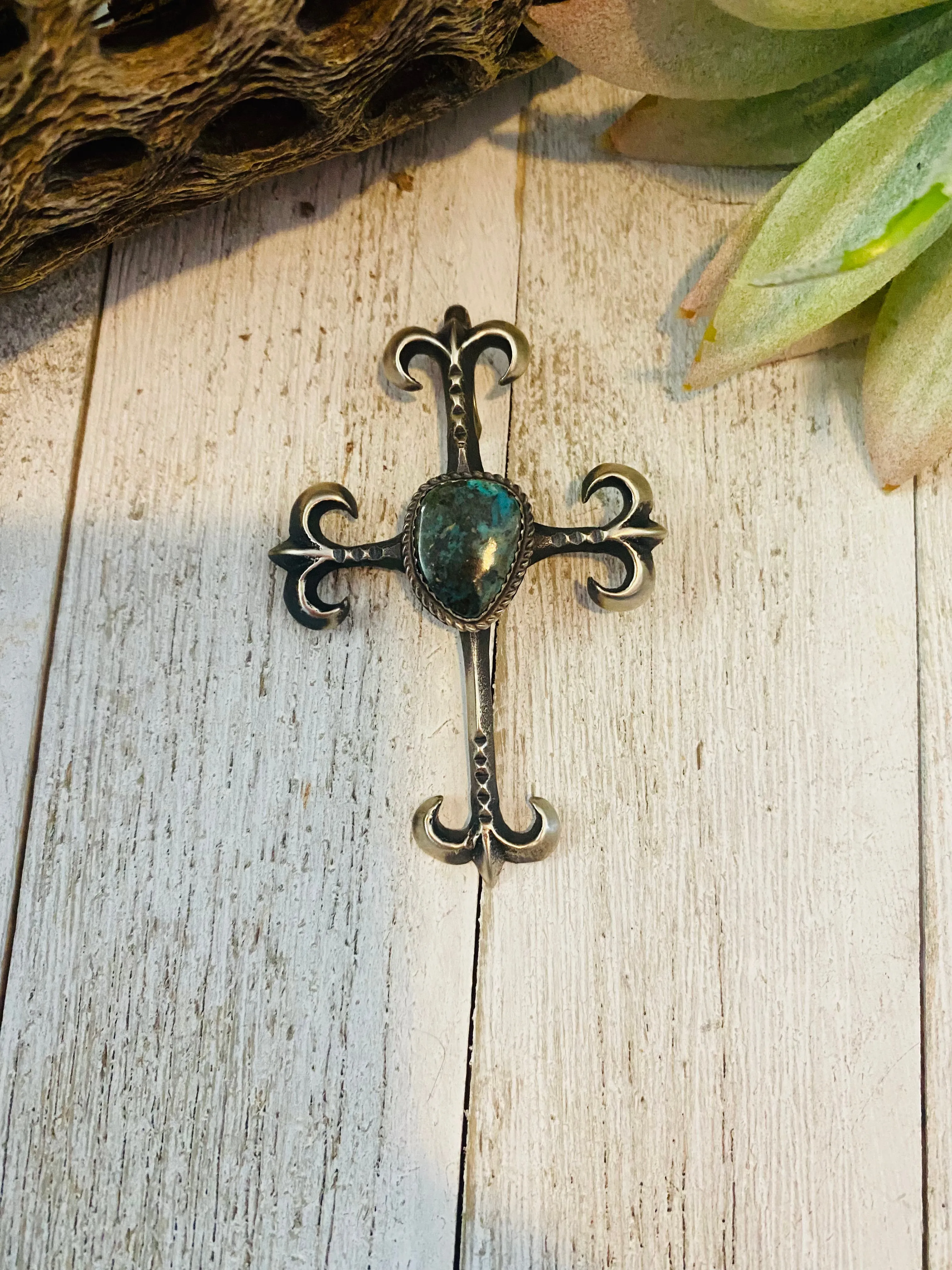 Navajo Sterling Silver & Royston Turquoise Cross Pendant By Martha Cayatineto