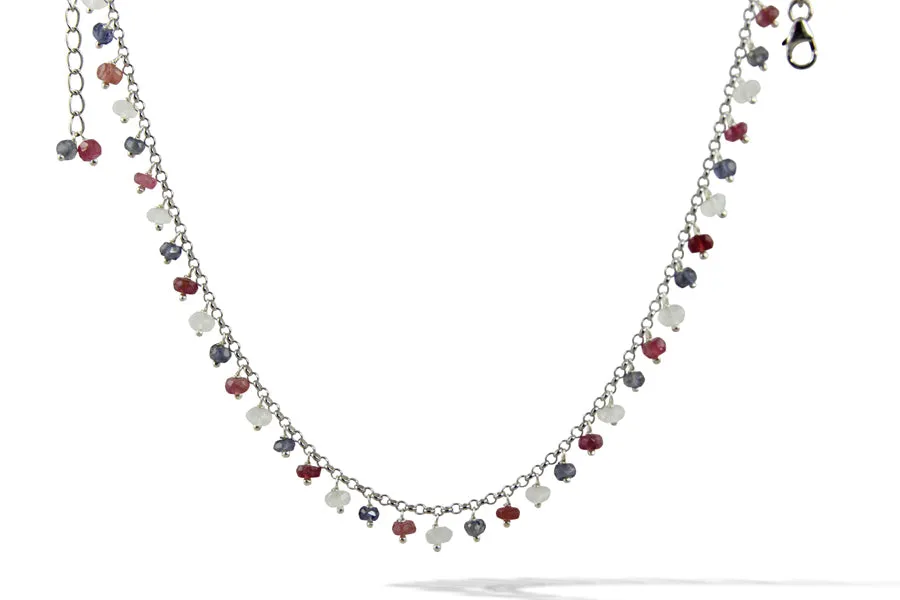 Necklace - Stone & ChainMoonstone,Iolite, Pink Tourmaline Choker Sterling Silver 16"