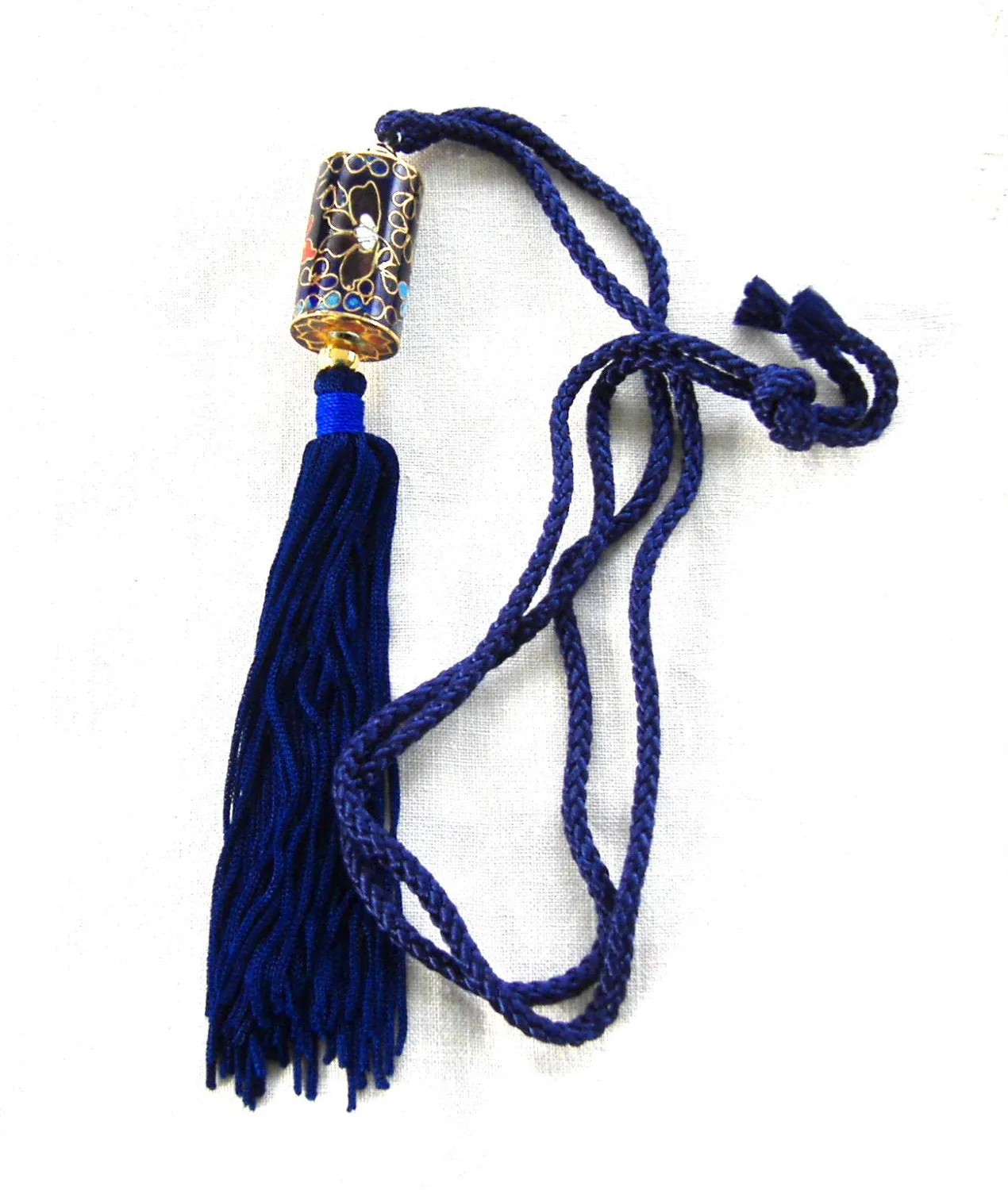 Necklace Tassel Blue Cloisonne Enamel Necklace Cylinder Barrel Silk Cord Floral