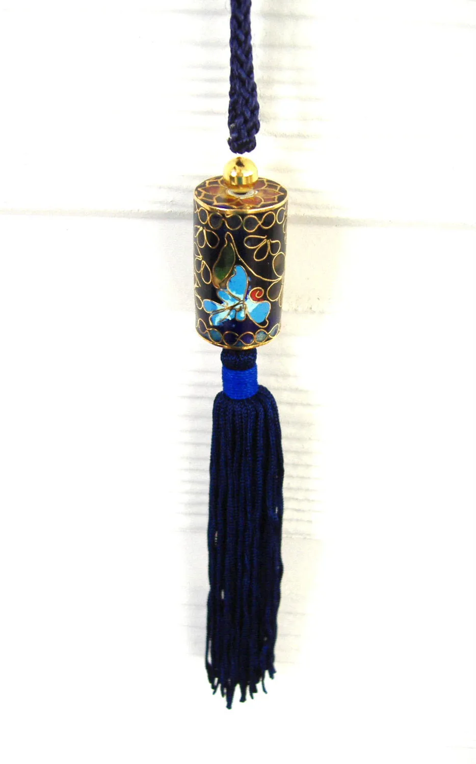 Necklace Tassel Blue Cloisonne Enamel Necklace Cylinder Barrel Silk Cord Floral