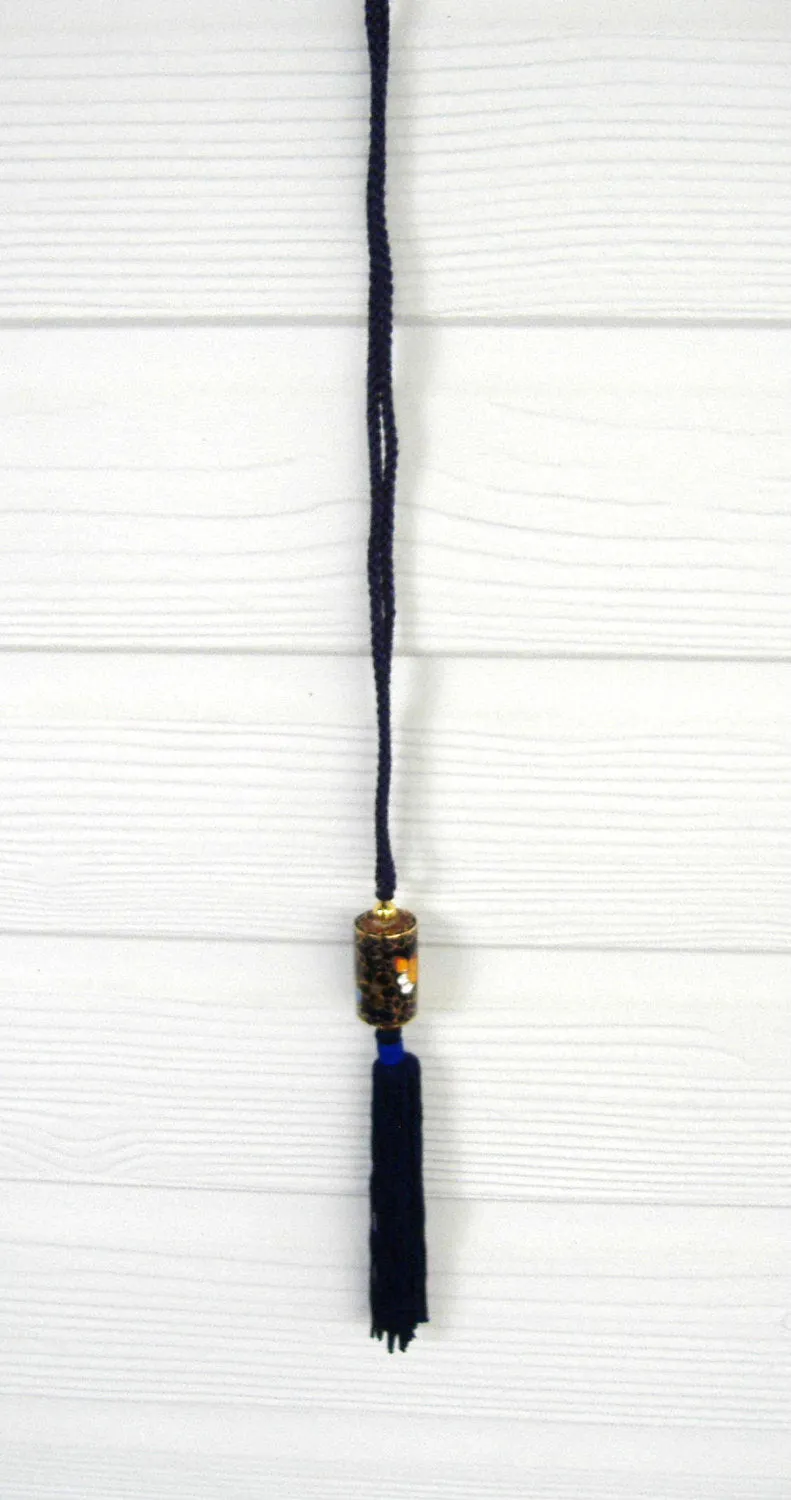 Necklace Tassel Blue Cloisonne Enamel Necklace Cylinder Barrel Silk Cord Floral