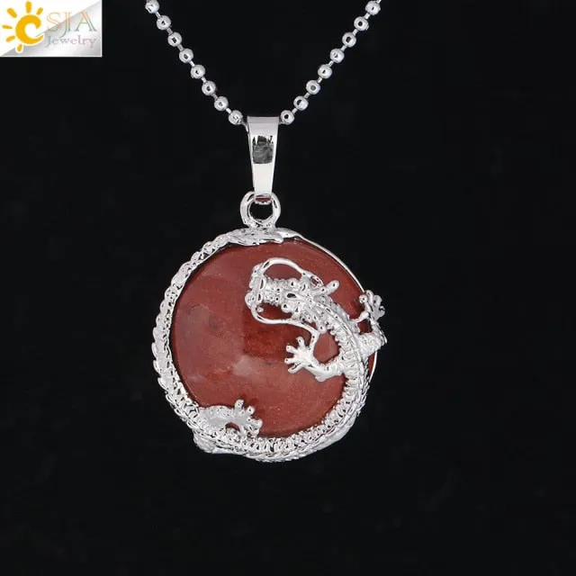 Necklaces Dragon Pendants Natural Stone Purple Crystal Pink Quartz Tiger Eye Lava Rock Flat Round Beads Fittings F304