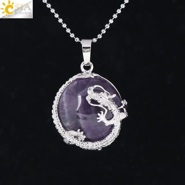 Necklaces Dragon Pendants Natural Stone Purple Crystal Pink Quartz Tiger Eye Lava Rock Flat Round Beads Fittings F304