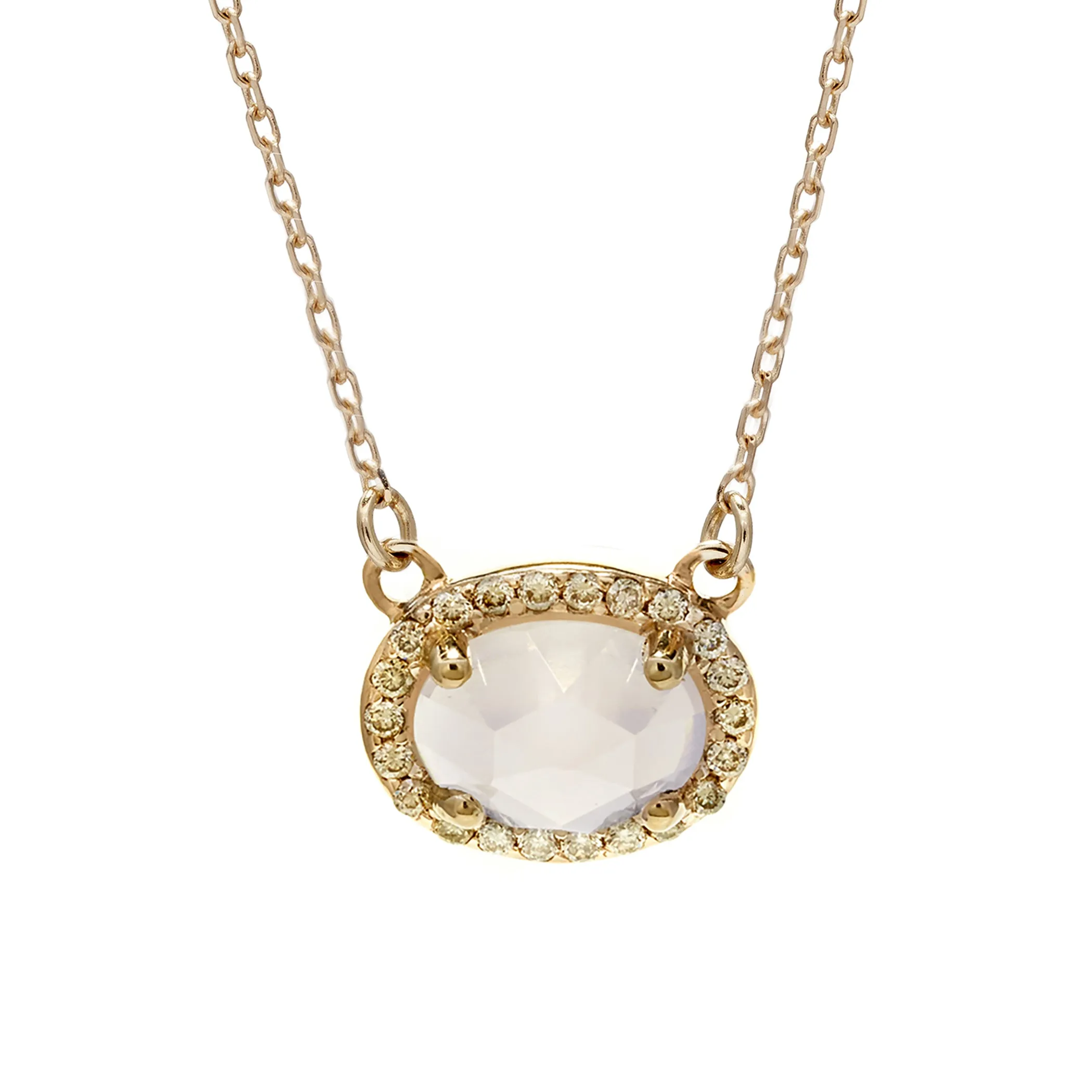 Pavé Amulet Necklace -  14k Gold, Rainbow Moonstone & Champagne Diamond