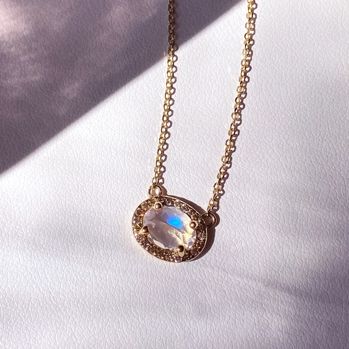 Pavé Amulet Necklace -  14k Gold, Rainbow Moonstone & Champagne Diamond