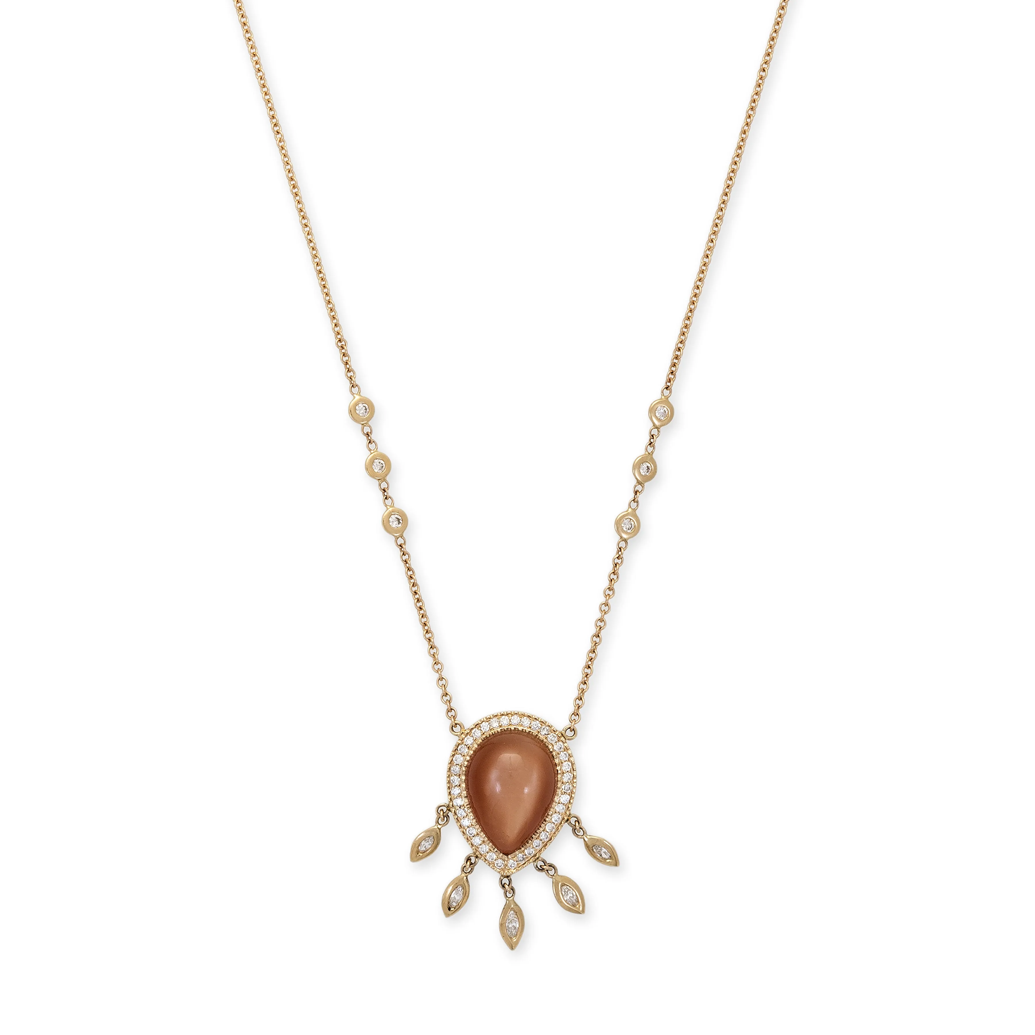 PAVE PEACH MOONSTONE TEARDROP   MARQUISE DIAMOND SHAKER NECKLACE