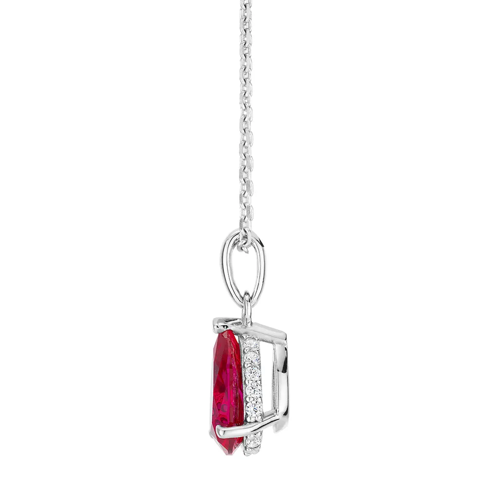 Pear and Round Brilliant solitaire necklace with ruby and diamond simulants in sterling silver