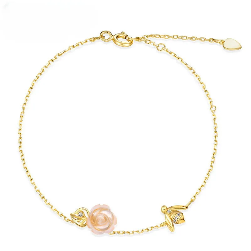 Pink Crystal Rose Bee and Leaf Zircon Sterling Silver Bracelet