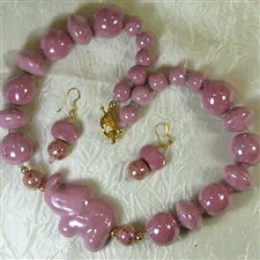 Pink Handmade Kazuri Necklace & Earrings  Pink Elepahnt