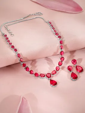 Premium Rhodium Plated Ruby Red Studded Statement Jewellery Set