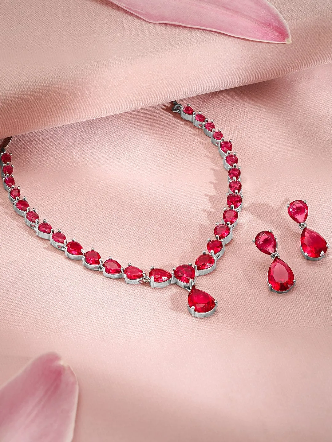 Premium Rhodium Plated Ruby Red Studded Statement Jewellery Set