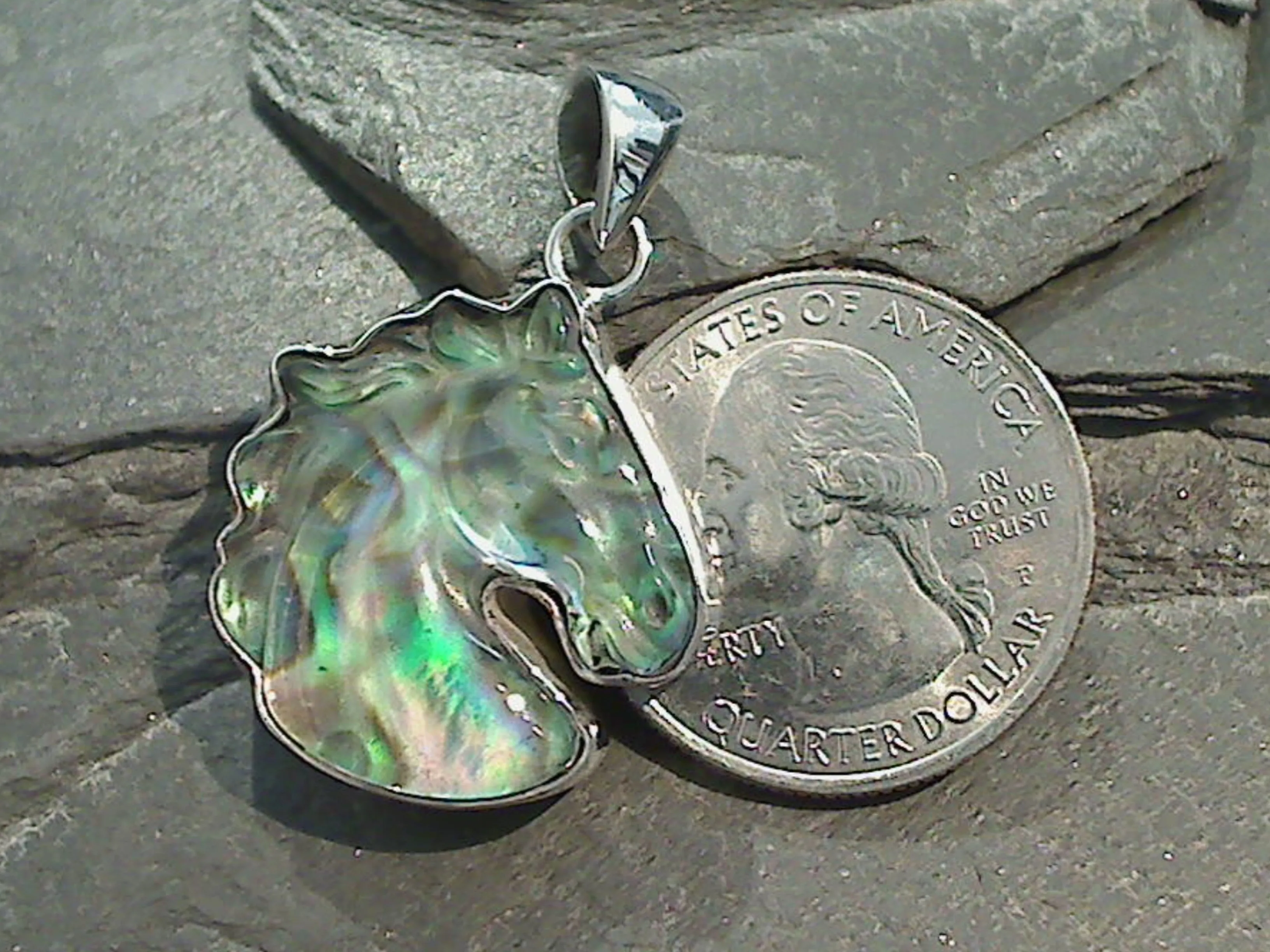 Quartz Over Abalone Doublet, Sterling Silver Horse Pendant