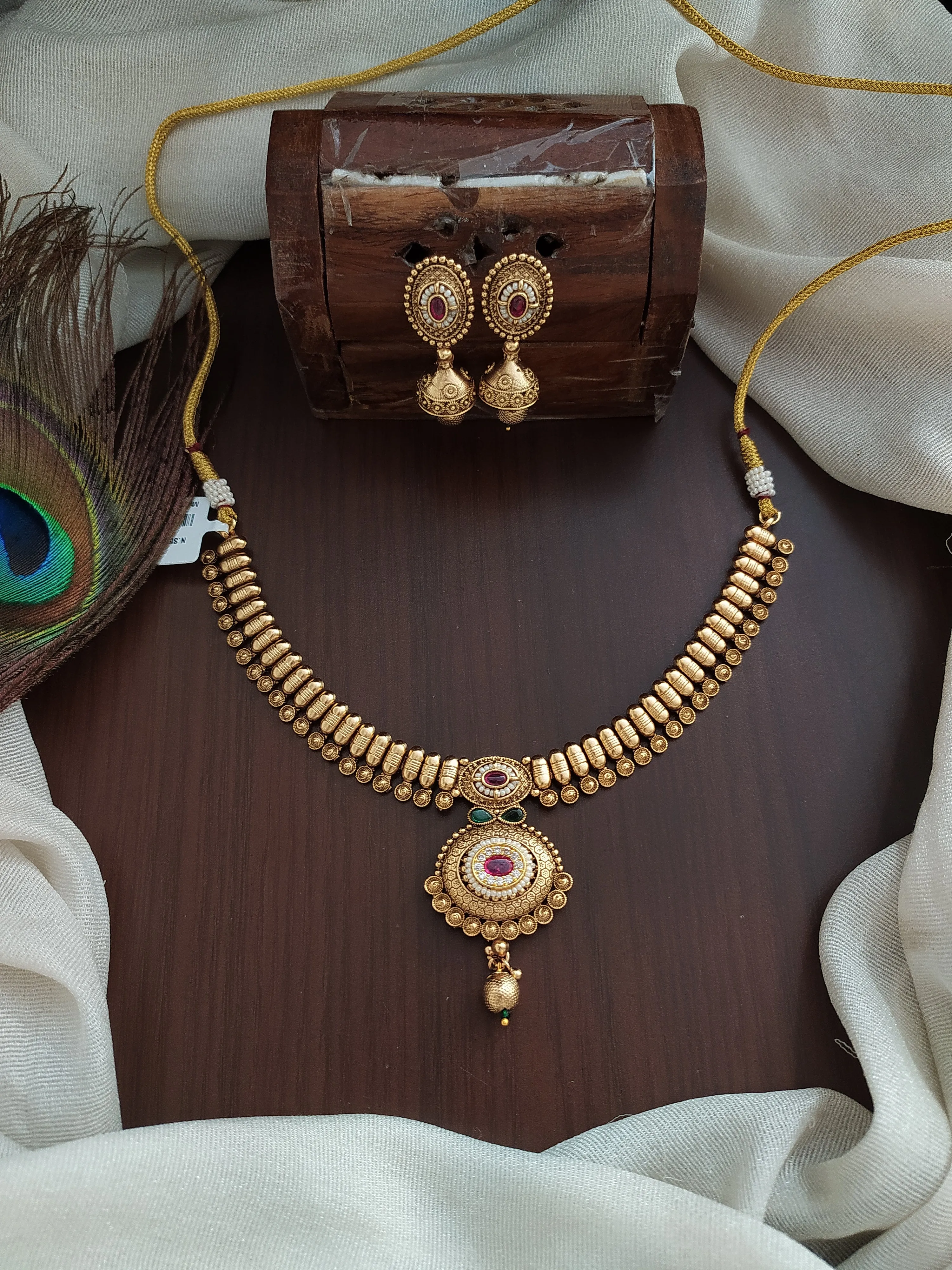 "Antique Kundan Necklace with Jhumki - Available in White and Ruby Color Options"