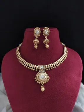 "Antique Kundan Necklace with Jhumki - Available in White and Ruby Color Options"