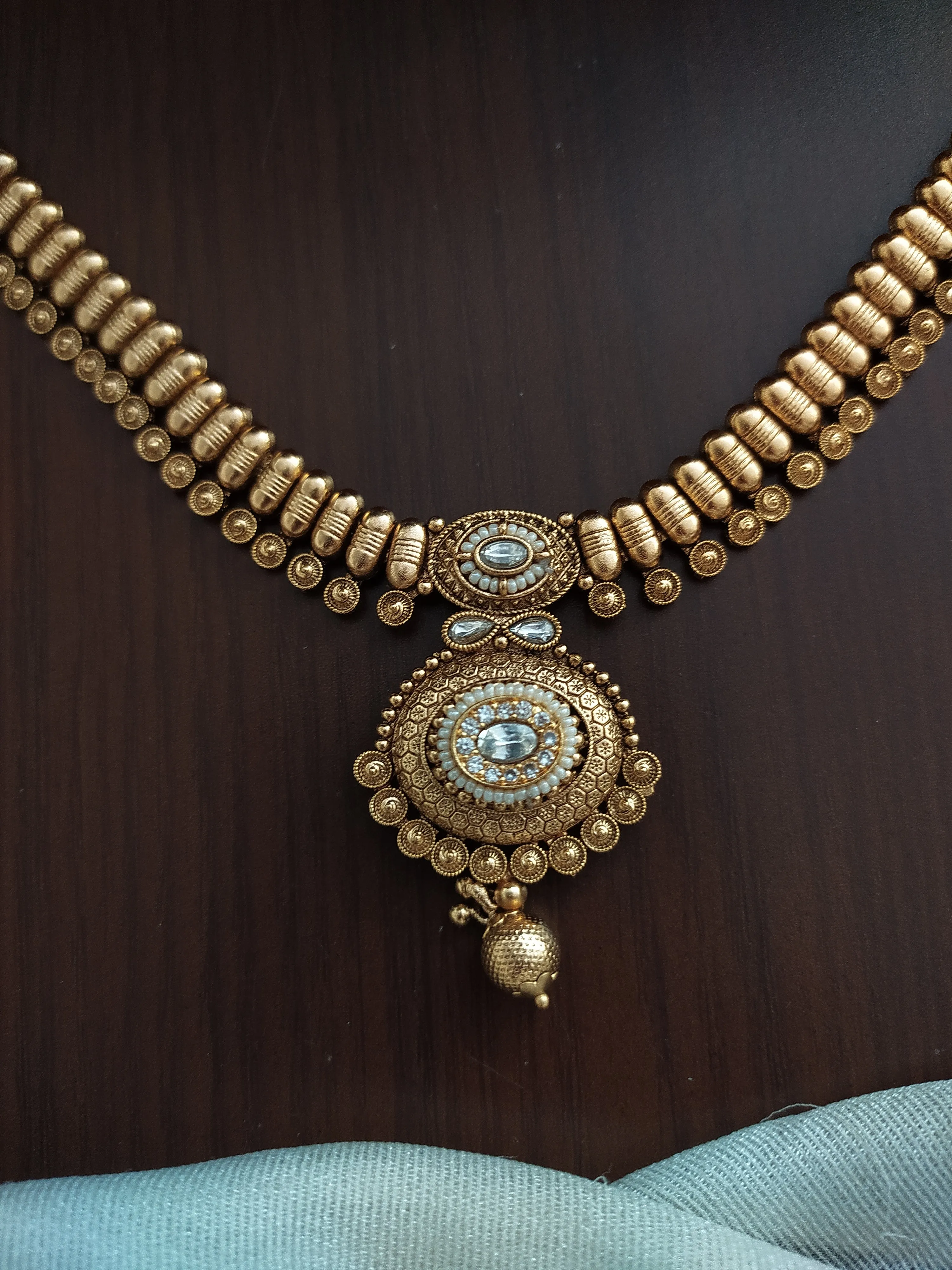 "Antique Kundan Necklace with Jhumki - Available in White and Ruby Color Options"