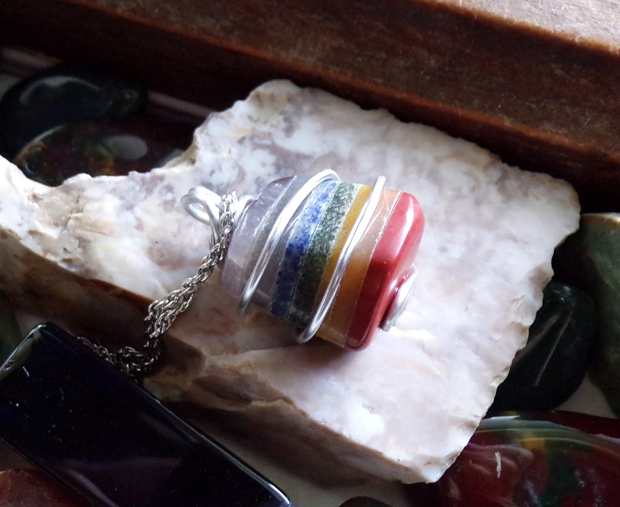 Rainbow Chakra Crystal Wire Wrapped Gemstone Pendant Necklace