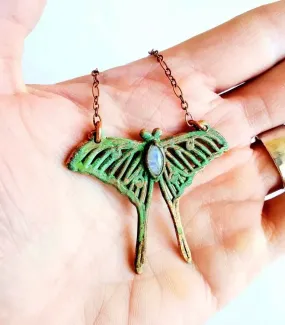 Rainbow Moonstone Luna Moth Necklace