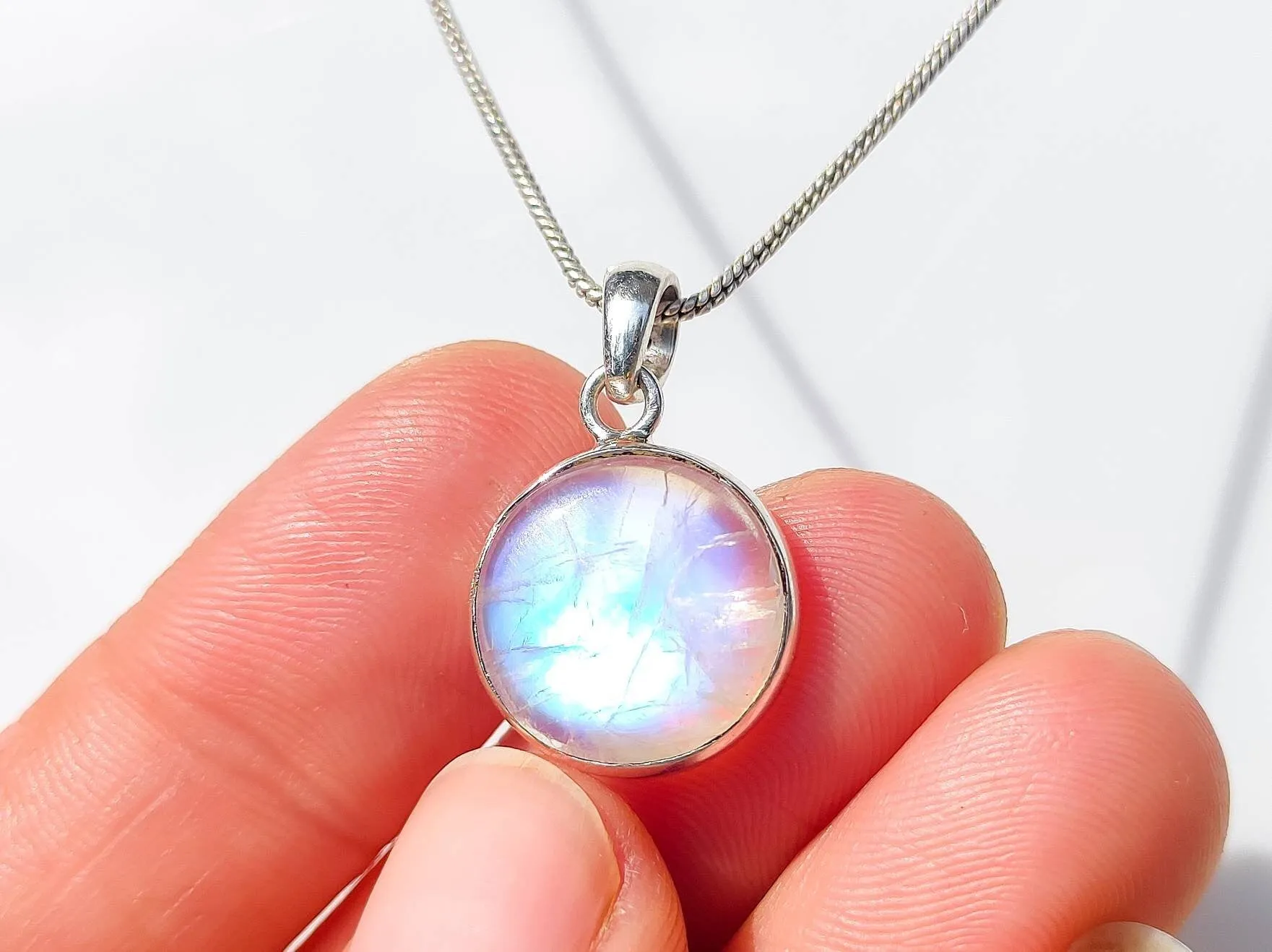 Rainbow Moonstone Round Pendant Necklace