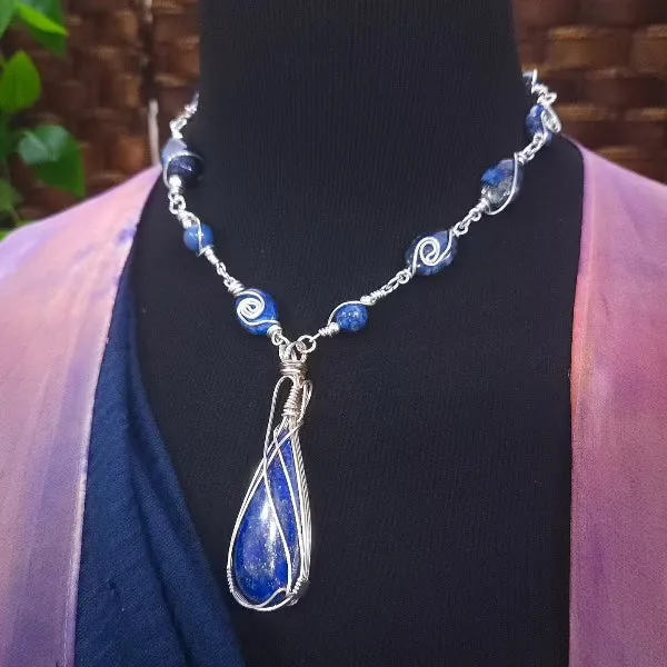 READY TO SHIP DEEP BLUE WIRE WRAPPED GEMSTONE LOCKING COLLAR, One of A Kind