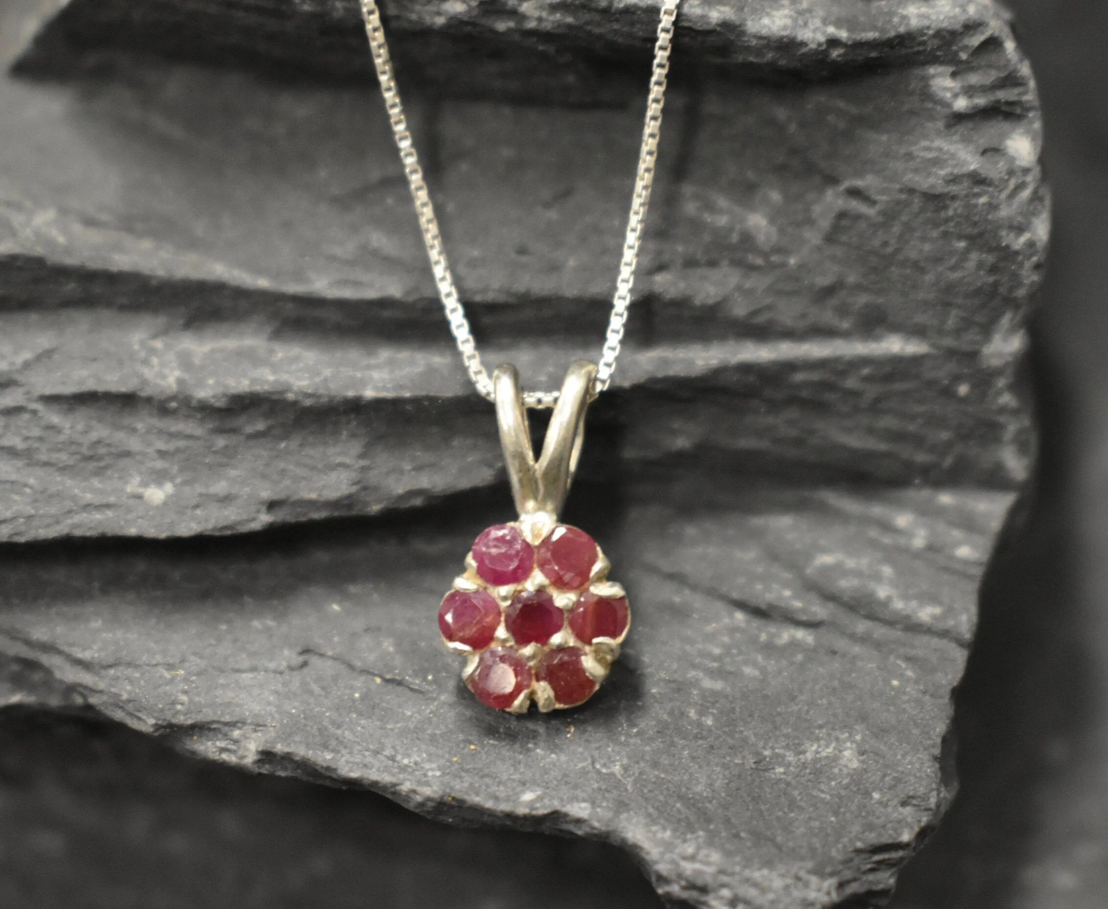 Red Flower Pendant - Natural Ruby Necklace - Dainty Flower Necklace