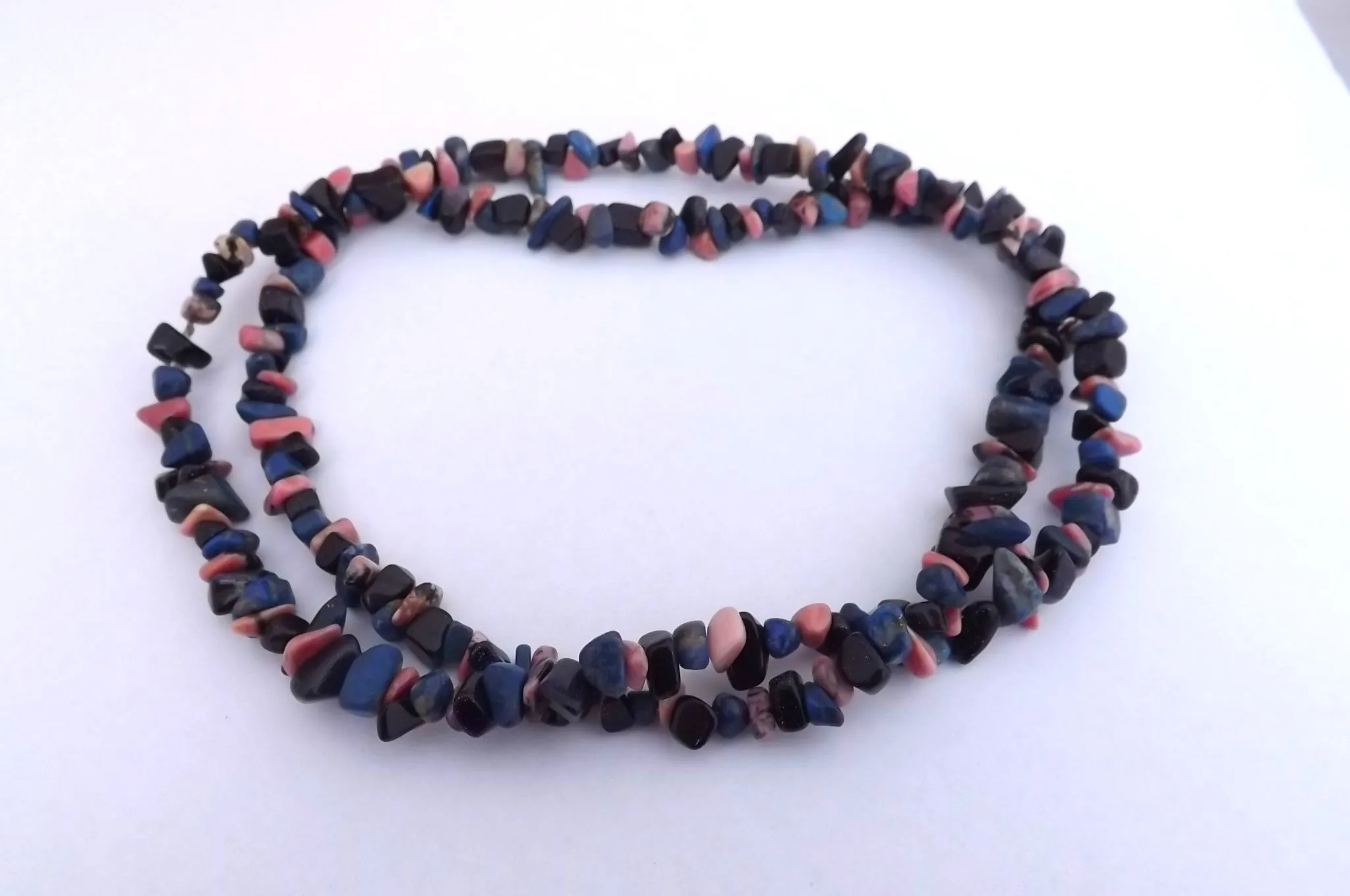 Rhodonite,  Lapis Lazuli & Black Goldstone Semi Precious Gem Chip Bead Necklace