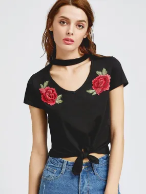 Rose detail choker crop tie top