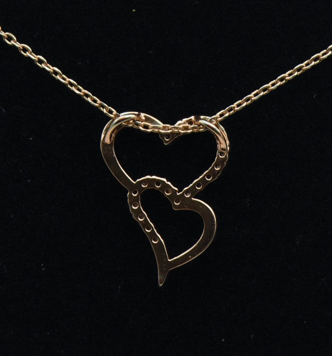 Rose Gold Tone Double Heart Rhinestones Pendant on Rose Gold Tone Chain Necklace