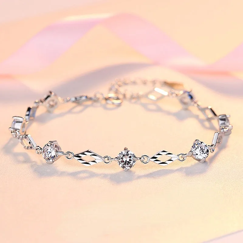 Round Zircon Rhombus Silver Bracelet for Women