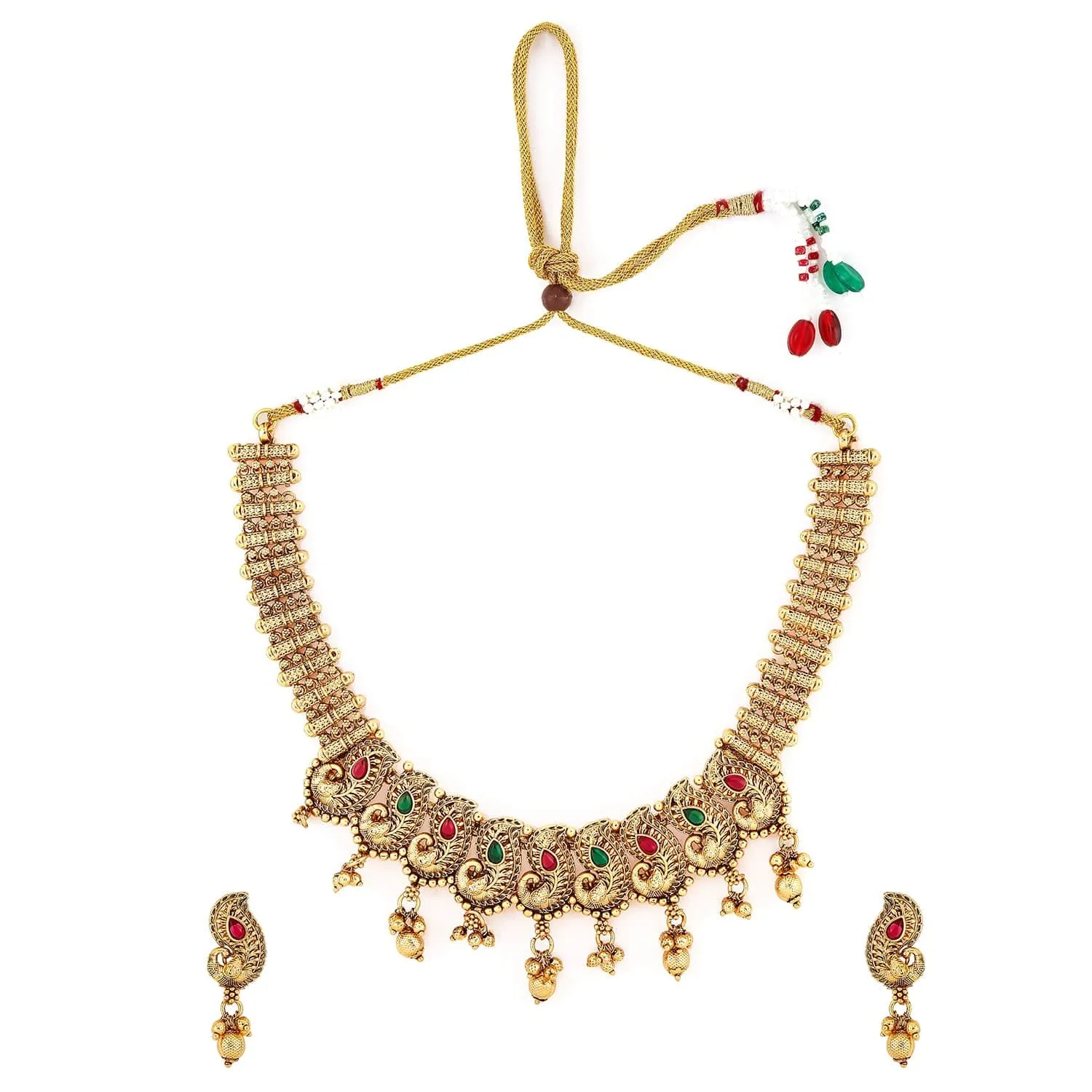 Rubans 22K Gold-Plated Ruby & Emerald Stone Handcrafted Necklace Set with Traditional Paisley Motif