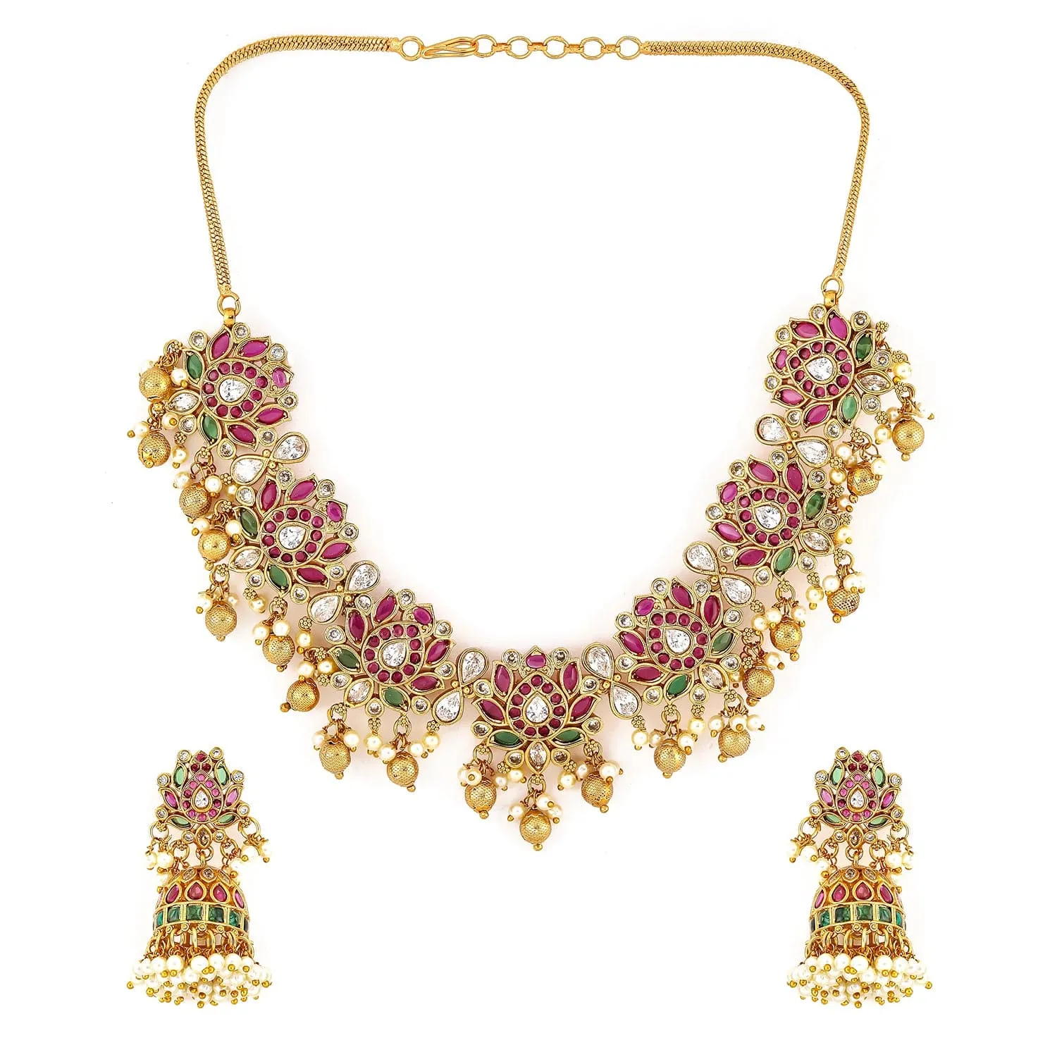 Rubans 22K Gold-Plated Ruby Pink, Emerald Green & White Kundan Studded Pearl Gold Beaded Necklace Set