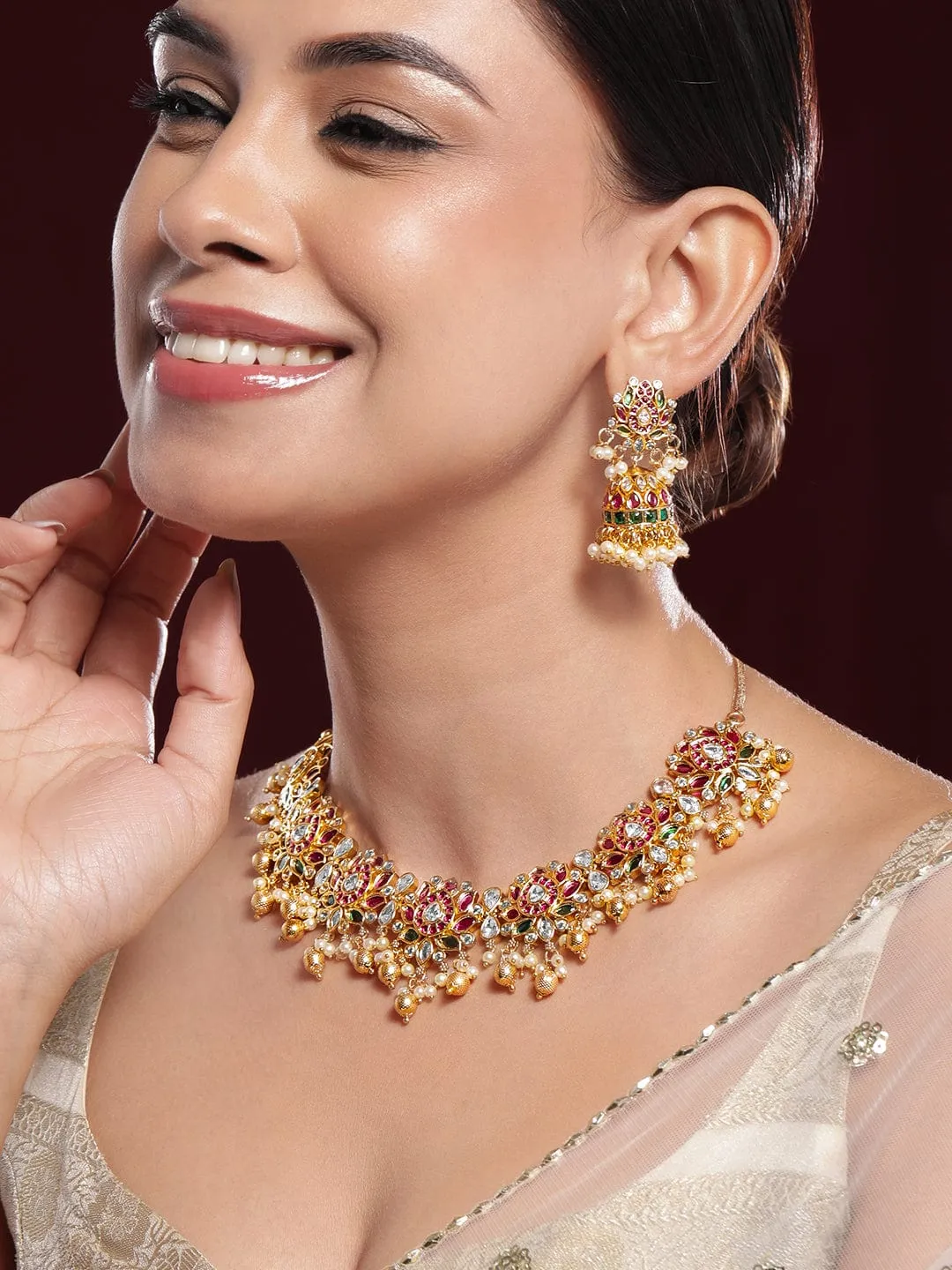 Rubans 22K Gold-Plated Ruby Pink, Emerald Green & White Kundan Studded Pearl Gold Beaded Necklace Set