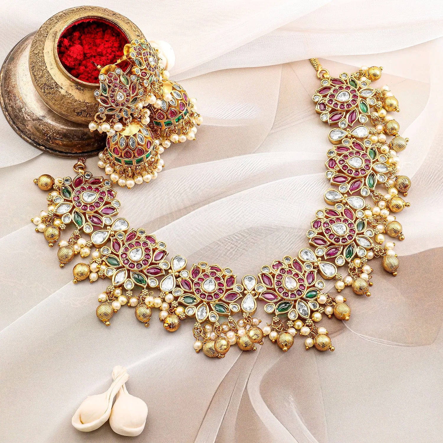 Rubans 22K Gold-Plated Ruby Pink, Emerald Green & White Kundan Studded Pearl Gold Beaded Necklace Set