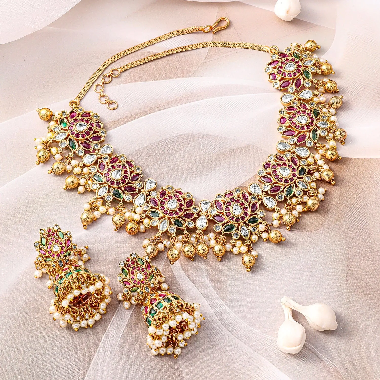 Rubans 22K Gold-Plated Ruby Pink, Emerald Green & White Kundan Studded Pearl Gold Beaded Necklace Set