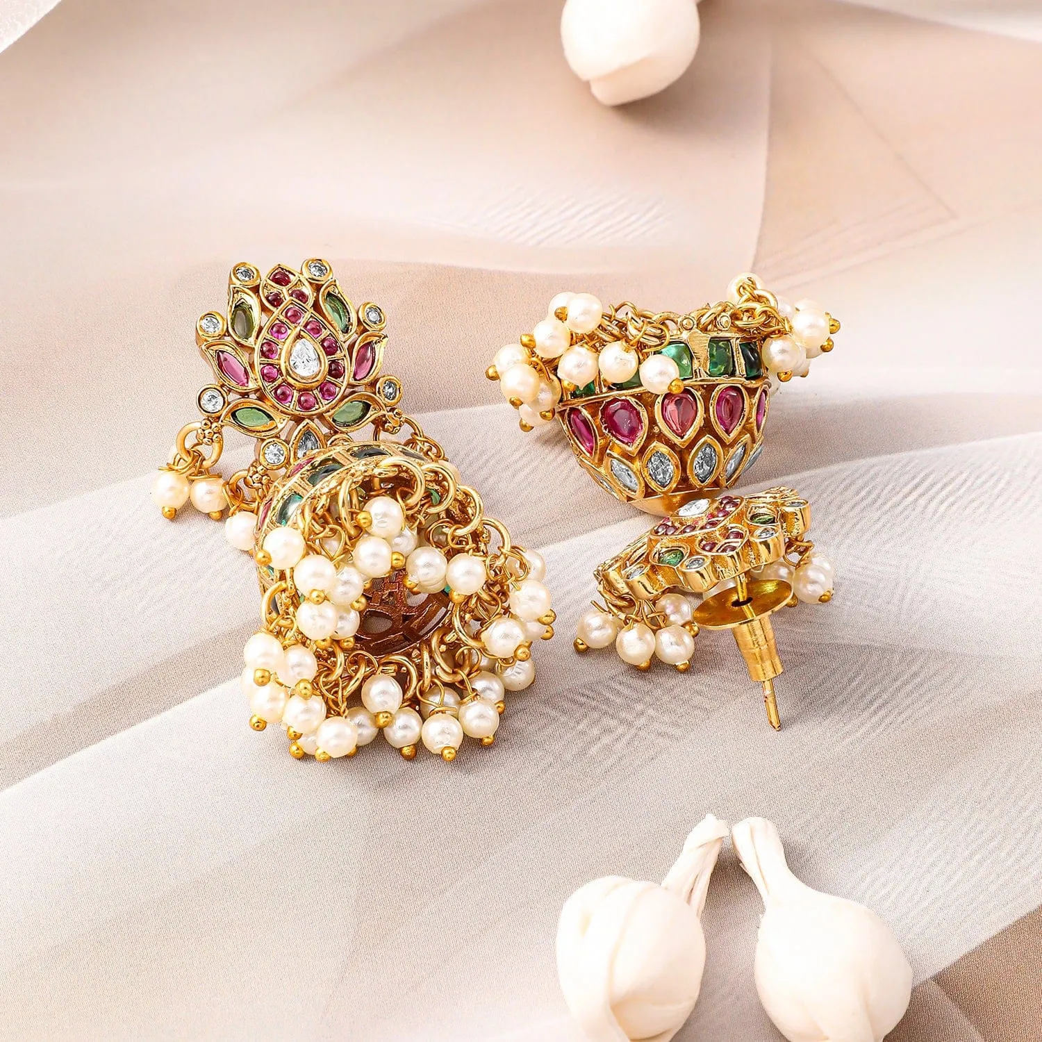 Rubans 22K Gold-Plated Ruby Pink, Emerald Green & White Kundan Studded Pearl Gold Beaded Necklace Set