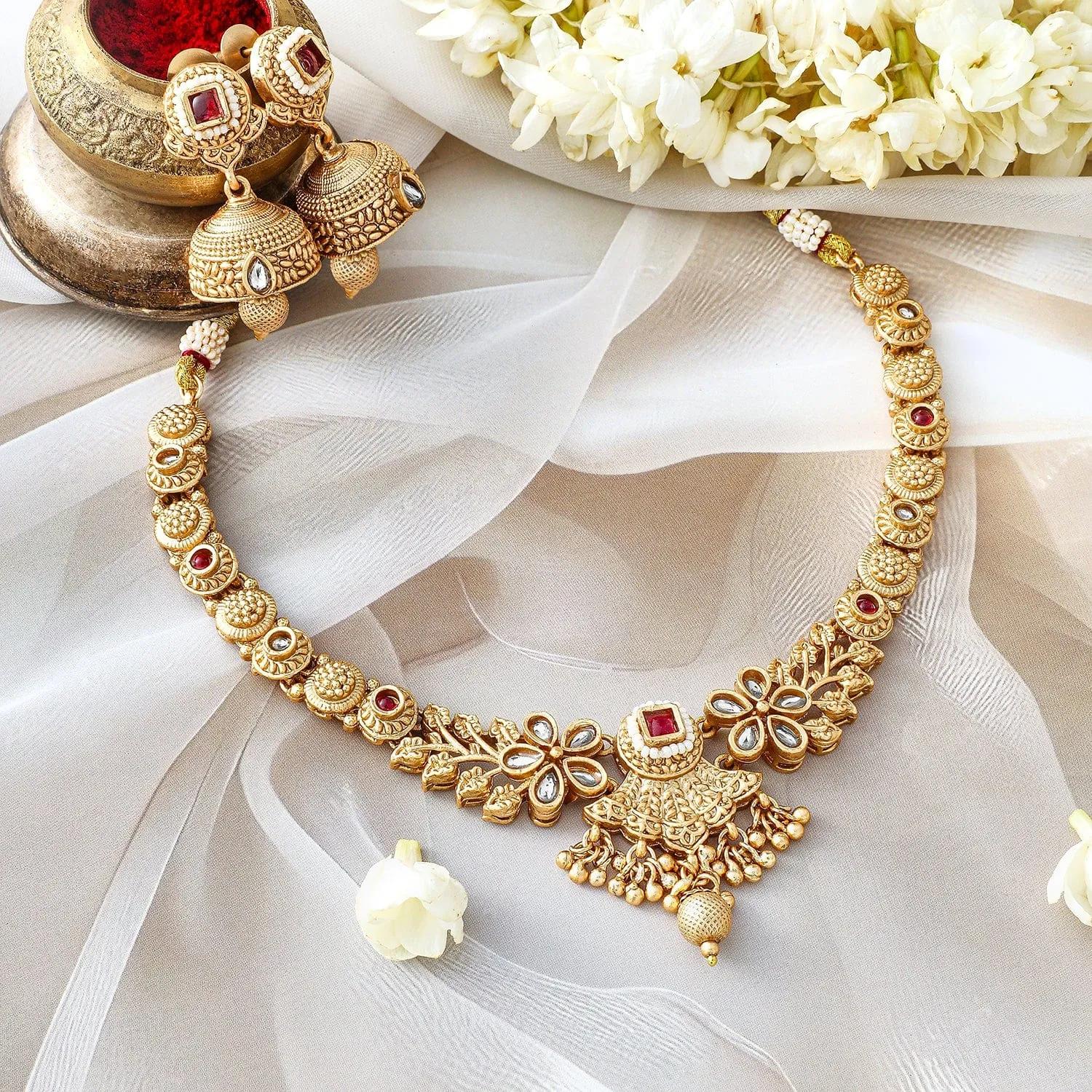 Rubans 24K Gold-Plated Ruby & Kundan Studded Floral Design Traditional Necklace Set with Jhumkas