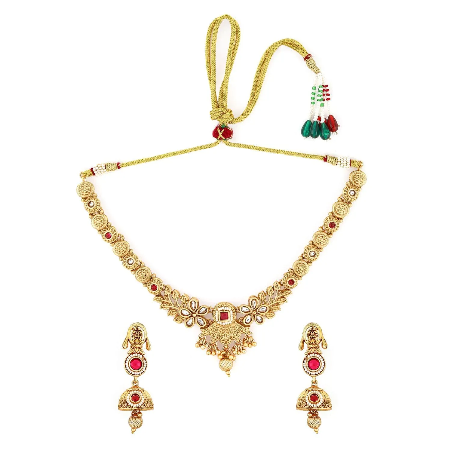 Rubans 24K Gold-Plated Ruby & Kundan Studded Floral Design Traditional Necklace Set with Jhumkas