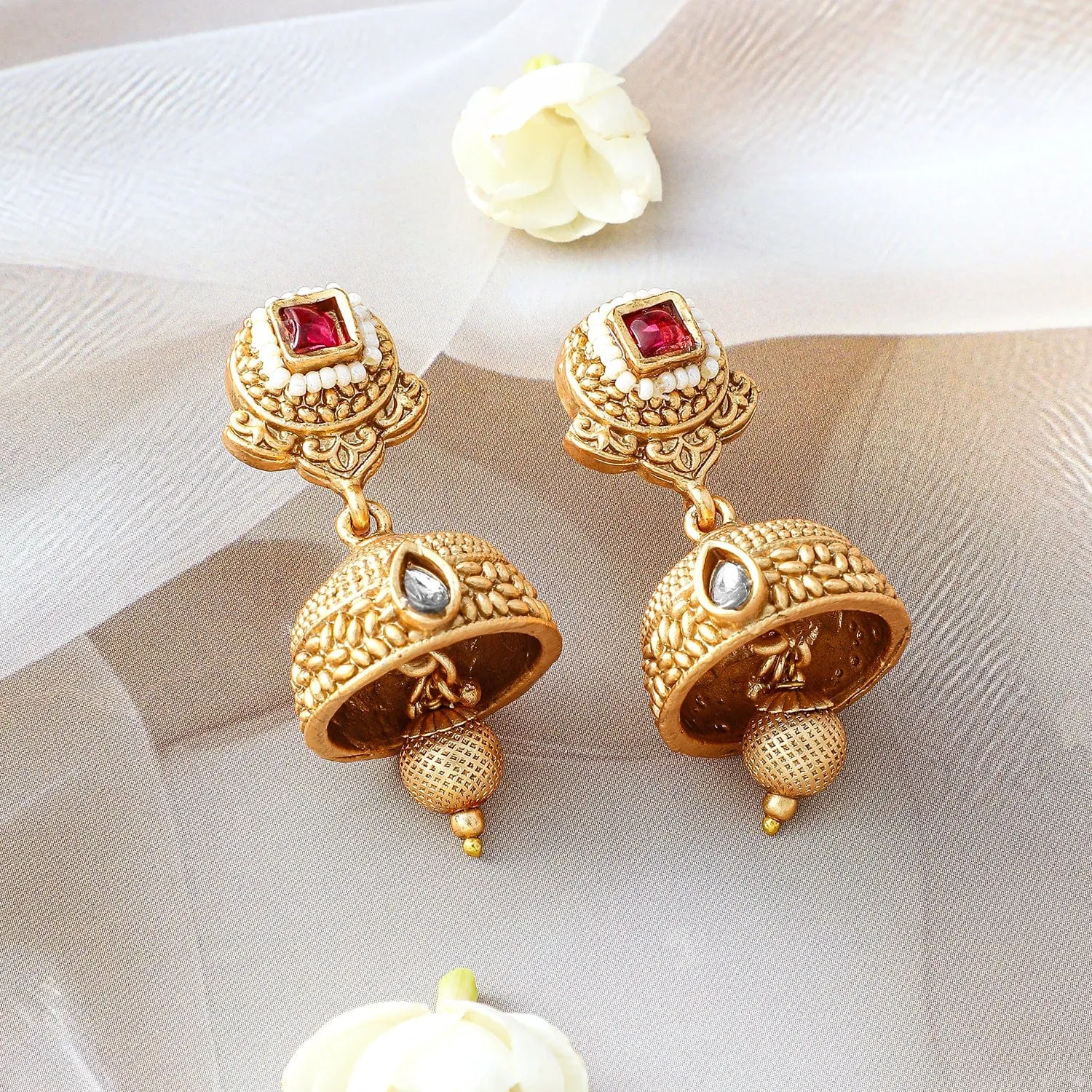 Rubans 24K Gold-Plated Ruby & Kundan Studded Floral Design Traditional Necklace Set with Jhumkas