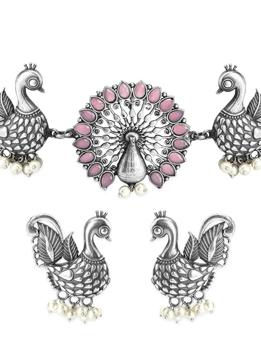 Rubans Oxidised Silver Handcrafted Ruby Studded Peacock Necklace Set.