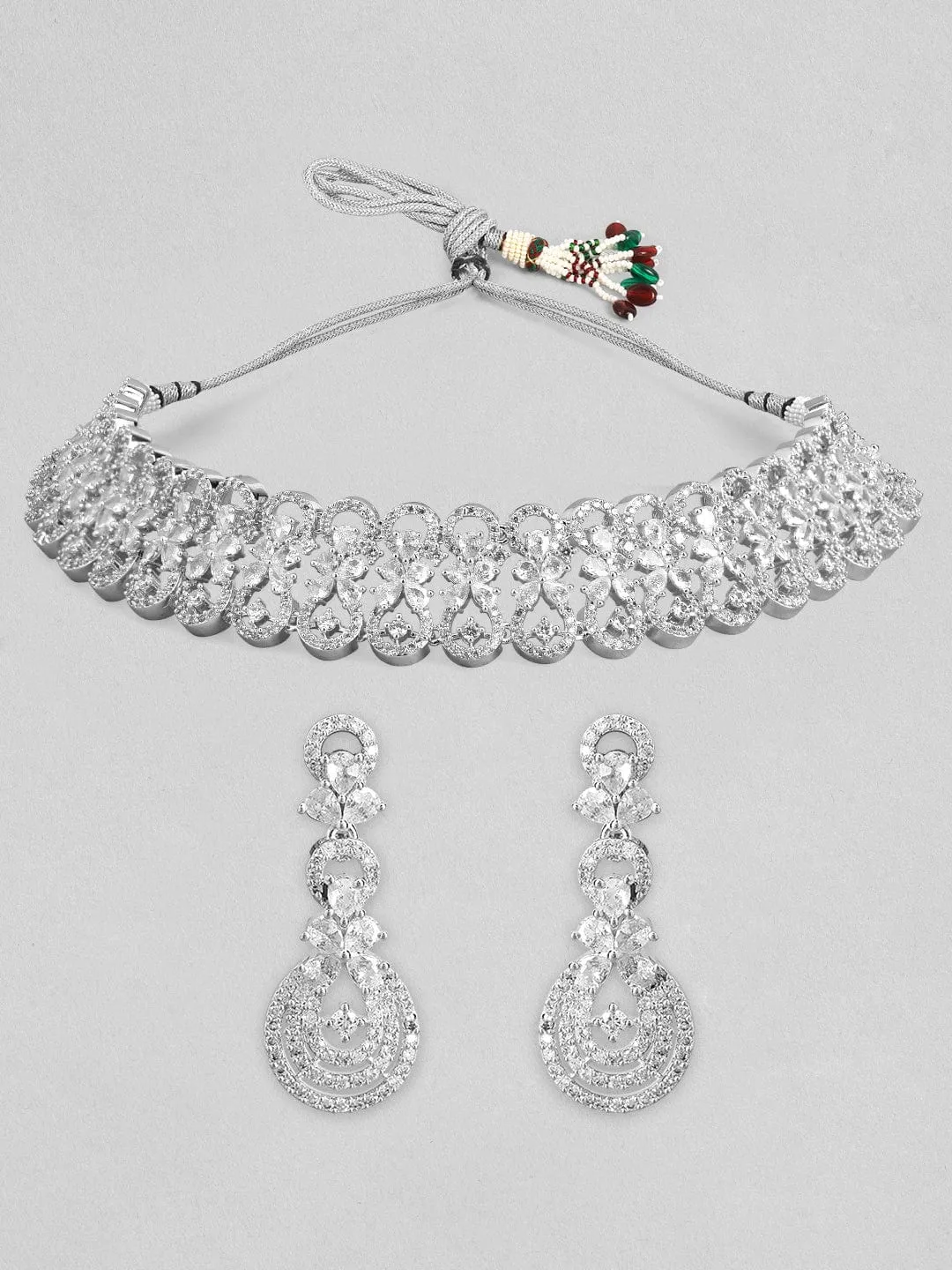 Rubans Rhodium-Plated Cubic Zirconia Studded Floral Design Choker Necklace Set